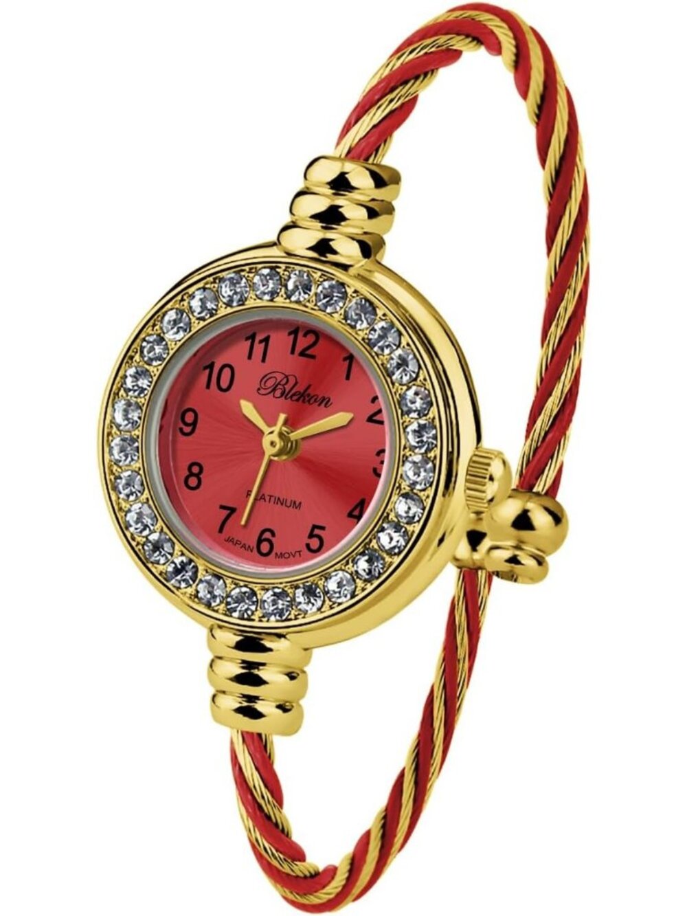 Women's Rhinestone Gold/Red Round Analog Display Arabic Numbers Bracelet Watch